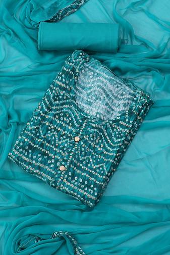 Teal green printed bandhani block print viscose rayon unstitched dress material