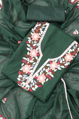 Green embroidered floral  silk unstitched dress material