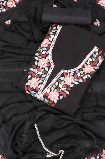 Black embroidered floral  silk unstitched dress material