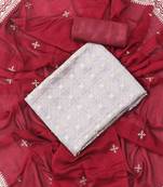 Grey and red embellished floral  raw silk unstitched dress material