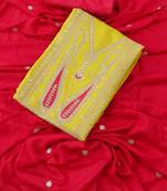 Lemon yellow and pink embroidered paisley  silk unstitched dress material