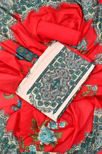 Multi and red printed floral  cotton unstitched dress material