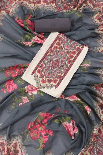 Multi and grey printed floral  cotton unstitched dress material