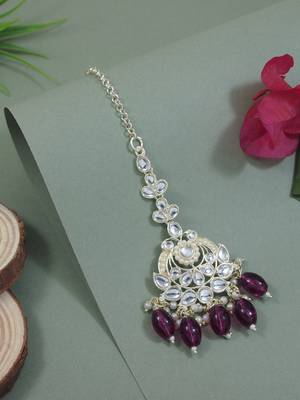 traditional kundan & pearl head piece designer jewelry hair accessory maang tikka for women  1