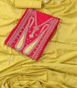 Pink and lemon yellow embroidered paisley  silk unstitched dress material