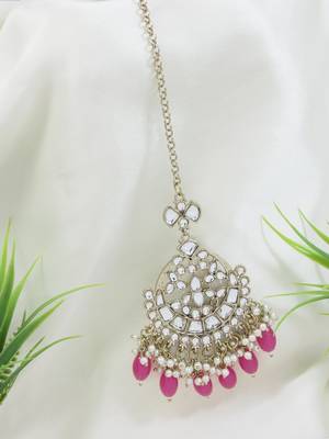traditional kundan & pearl head piece designer jewelry hair accessory maang tikka for women  1