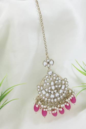 traditional kundan & pearl head piece designer jewelry hair accessory maang tikka for women 