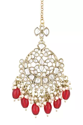 traditional kundan & pearl head piece designer jewelry hair accessory maang tikka for women 