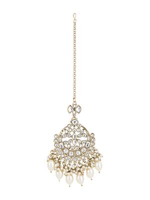 traditional kundan & pearl head piece designer jewelry hair accessory maang tikka for women  1