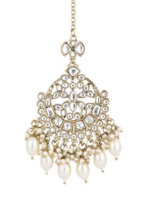 traditional kundan & pearl head piece designer jewelry hair accessory maang tikka for women  2