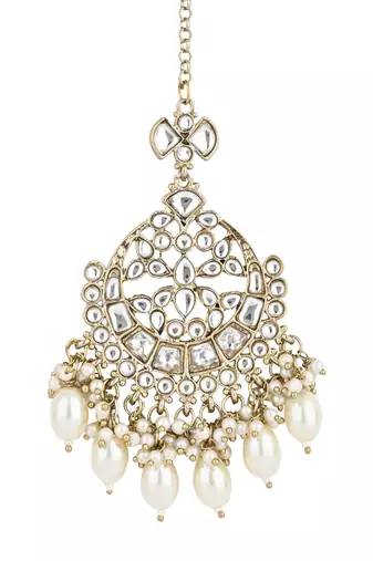 traditional kundan & pearl head piece designer jewelry hair accessory maang tikka for women 