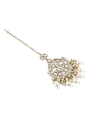 traditional kundan & pearl head piece designer jewelry hair accessory maang tikka for women  3