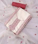 White and pink embroidered floral  silk unstitched dress material