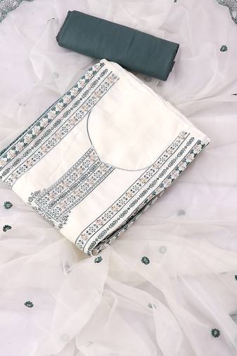 White and teal embroidered floral  silk unstitched dress material