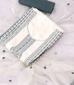 White and teal embroidered floral  silk unstitched dress material