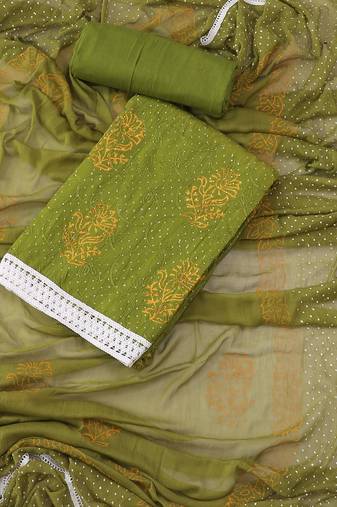 Green embroidered floral block print cotton unstitched dress material