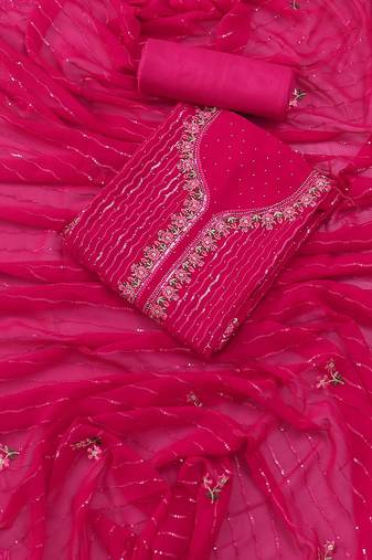 Hot pink embellished floral  georgette unstitched dress material