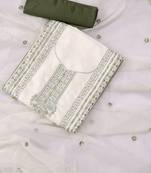 White and green embroidered floral  silk unstitched dress material