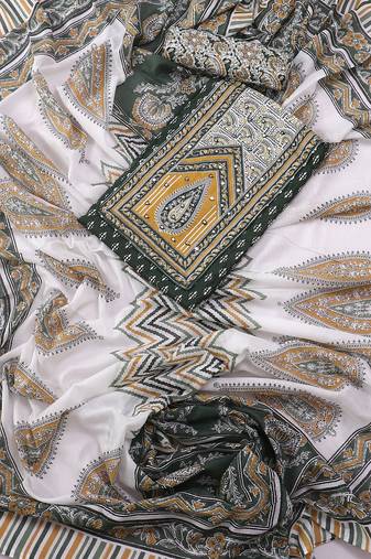 Green and white printed floral block print cotton unstitched dress material