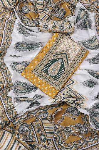 Mustard and white printed floral block print cotton unstitched dress material