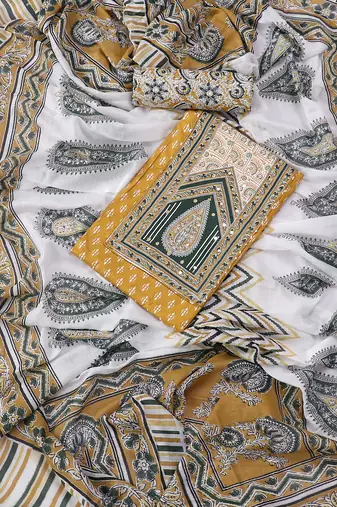 Mustard and white printed floral block print cotton unstitched dress material