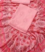 Baby pink embroidered floral block print cotton unstitched dress material