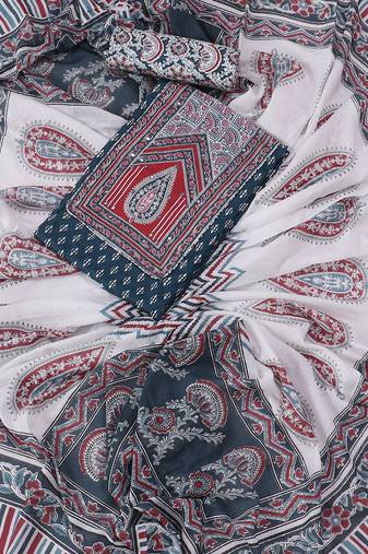 Blue and white printed floral block print cotton unstitched dress material