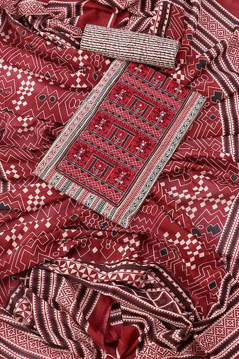 Multi and beige embroidered block print cotton unstitched dress material