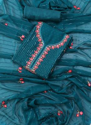 Teal green embellished floral  georgette unstitched dress material 1
