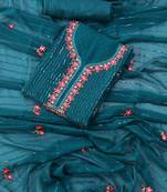 Teal green embellished floral  georgette unstitched dress material