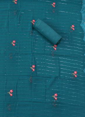 Teal green embellished floral  georgette unstitched dress material 2