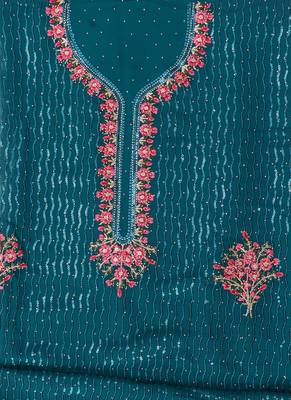 Teal green embellished floral  georgette unstitched dress material 4