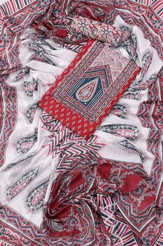 Red and white printed floral block print cotton unstitched dress material