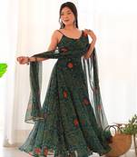Lightweight Chiffon Fabric Bandhej Print Fully Flair Gown With Dupatta And Pent