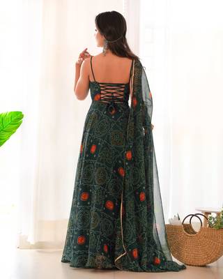 Lightweight Chiffon Fabric Bandhej Print Fully Flair Gown With Dupatta And Pent 2