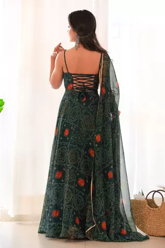 Lightweight Chiffon Fabric Bandhej Print Fully Flair Gown With Dupatta And Pent
