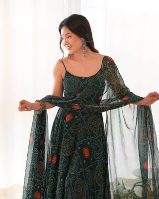 Lightweight Chiffon Fabric Bandhej Print Fully Flair Gown With Dupatta And Pent 5