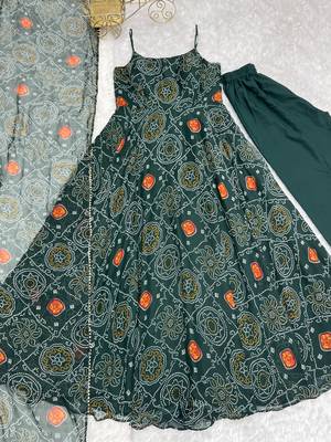 Lightweight Chiffon Fabric Bandhej Print Fully Flair Gown With Dupatta And Pent 6