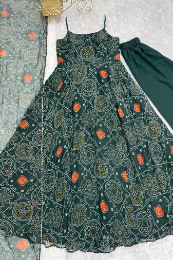 Lightweight Chiffon Fabric Bandhej Print Fully Flair Gown With Dupatta And Pent
