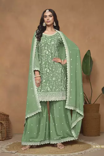 Green embroidered chinon silk palazzo suit