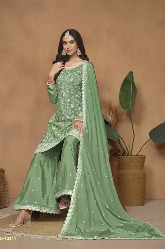 Green embroidered chinon silk palazzo suit