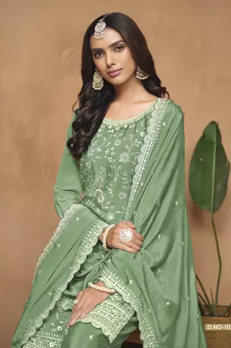 Green embroidered chinon silk palazzo suit