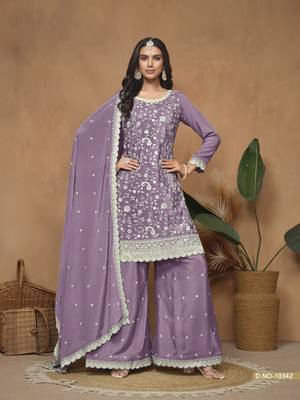 Lavender embroidered chinon silk semi stitched palazzo suit 1