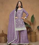 Lavender embroidered chinon silk semi stitched palazzo suit