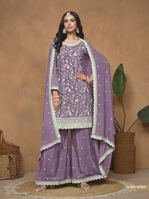 Lavender embroidered chinon silk semi stitched palazzo suit 2