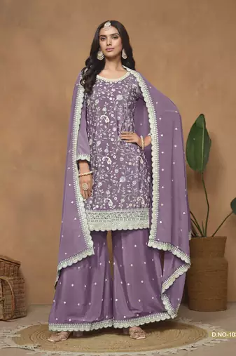 Lavender embroidered chinon silk semi stitched palazzo suit