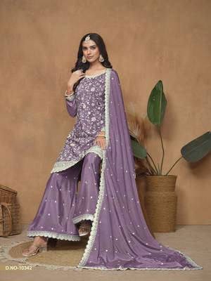 Lavender embroidered chinon silk semi stitched palazzo suit 3