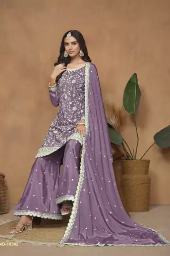 Lavender embroidered chinon silk semi stitched palazzo suit