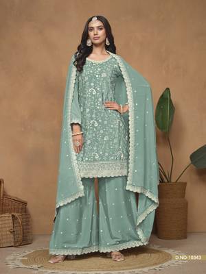 Aqua blue embroidered chinon silk palazzo suit 2