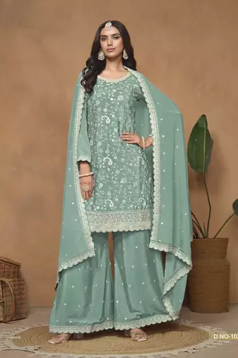 Aqua blue embroidered chinon silk palazzo suit